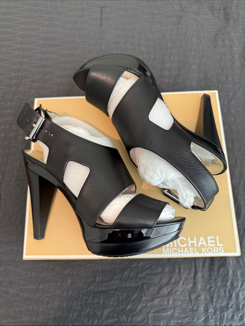 MICHAEL Michael Kors Black Leather Open-Toe Buckle Heels